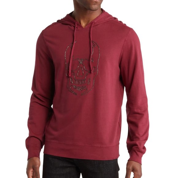 John Varvatos Men's Large Skull Chain Stitch Applique Pullover Hoodie Pinot Noir